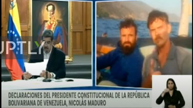 A screengrab from Venezuelan state television shows President Nicolas Maduro announcing the arrest of two Americans, identified as Luke Denman and Airan Berry, for an attempted invasion plot.