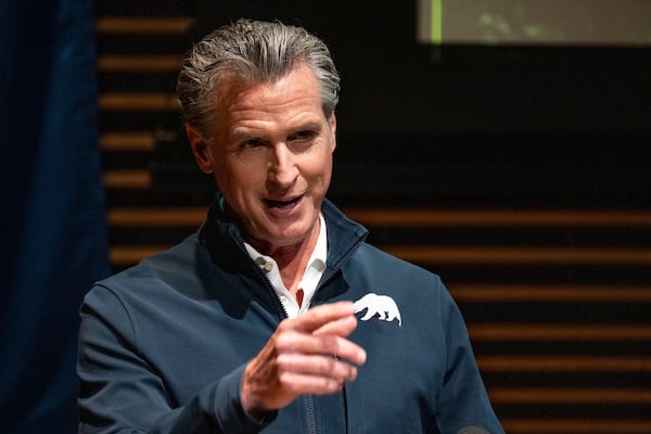 California Governor Gavin Newsom speaks at Pasadena City College on the 6 month anniversary of the Eaton and Palisades fires, Monday, July 7, 2025, in Pasadena, Calif. (David Crane/The Orange County Register via AP)
