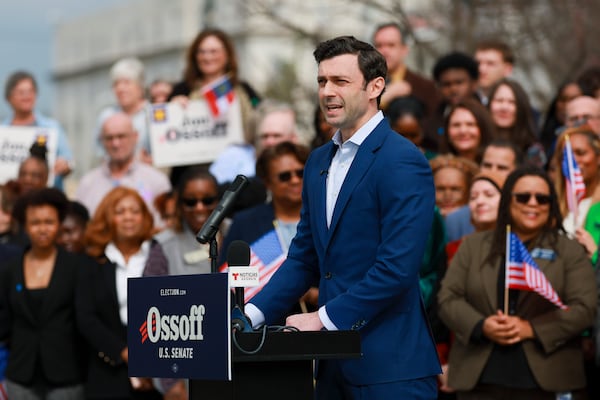 Democratic U.S. Sen. Jon Ossoff speaks at a supporters rally after he filed paperwork to run for his 2026 reelection campaign at Liberty Plaza next to the State Capitol, Monday, March 2, 2026, in Atlanta. (Jason Getz/AJC)