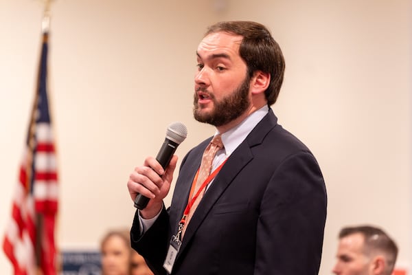Colton Moore speaks at a forum for candidates in the running for the 14th Congressional District in Georgia. Tuesday, Feb 17, 2026 (Ben Hendren for the AJC)