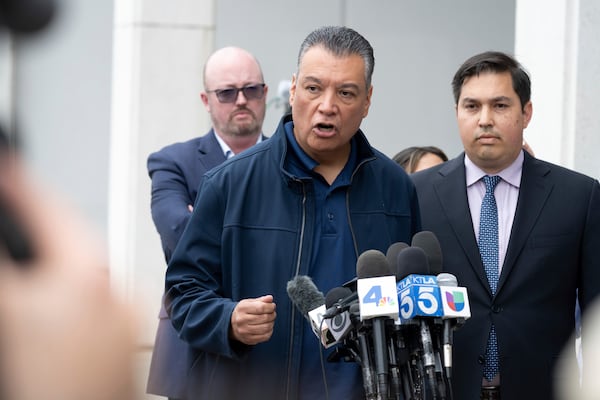 Sen. Alex Padilla, D-Calif., makes a brief statement to the media after leaving the Federal Building in Los Angeles on Thursday, June 12, 2025. (David Crane/The Orange County Register via AP)