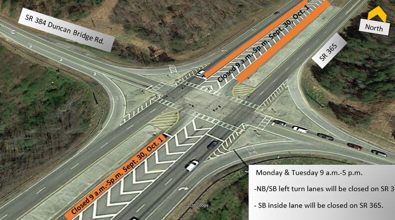 Asphalt crews with the GDOT will begin patching the intersection at Ga. 365 and Ga. 384/ Duncan Bridge Road in Cornelia on Sept. 30. (Courtesy GDOT)