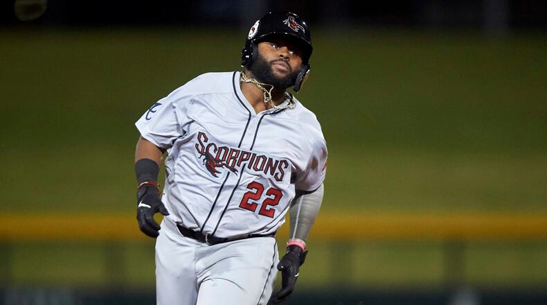 Braves prospect Trey Harris rounds the bases after hitting a home run during an Arizona Fall League game as a member of the Scottsdale Scorpions Sept. 18, 2019. at Sloan Park in Mesa, Arizona.