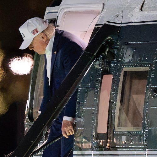 President Donald Trump steps off from Marine One upon his arrival at the Ellipse just outside of the White House, Saturday, Sept. 19, 2026, in Washington. (AP Photo/Jose Luis Magana)