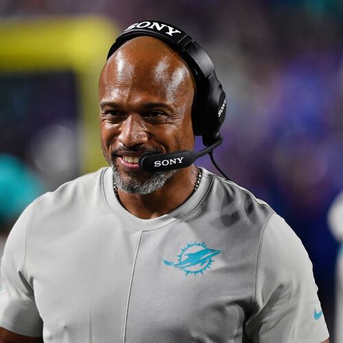FILE - Miami Dolphins defensive coordinator Anthony Weaver walks on the sideline during the second half of an NFL football game against the Buffalo Bills, Thursday, Sept. 18, 2025, in Orchard Park, N.Y. (AP Photo/Adrian Kraus, File)