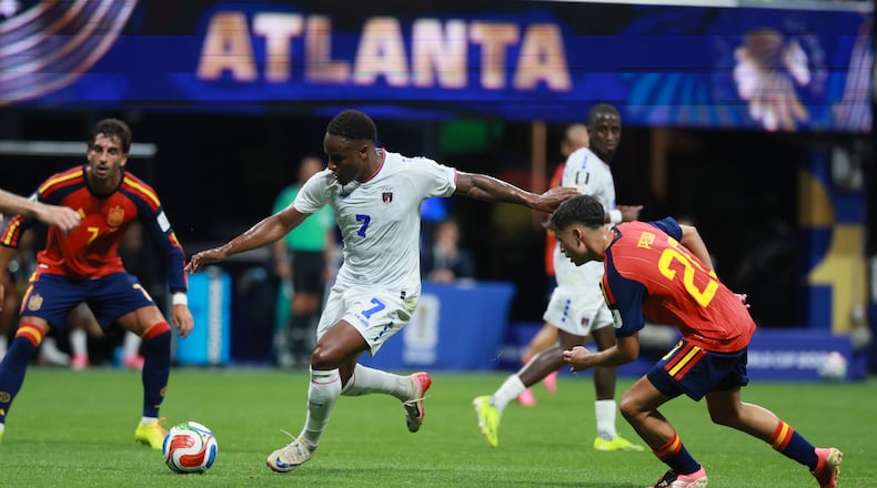 Cape Verde's Jovane Cabral (7) controls the ball against Spain's Pedri (20) during first half of Spain vs. Cape Verde Group H match at Atlanta Stadium (Mercedes-Benz Stadium) on Monday, June 15, 2026. (Jason Getz/AJC)