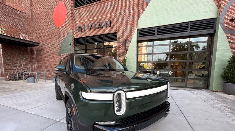 A Rivian R1S sits outside the Rivian store at Ponce City Market in Atlanta on Oct. 19, 2023. J. Scott Trubey/scott.trubey@ajc.com