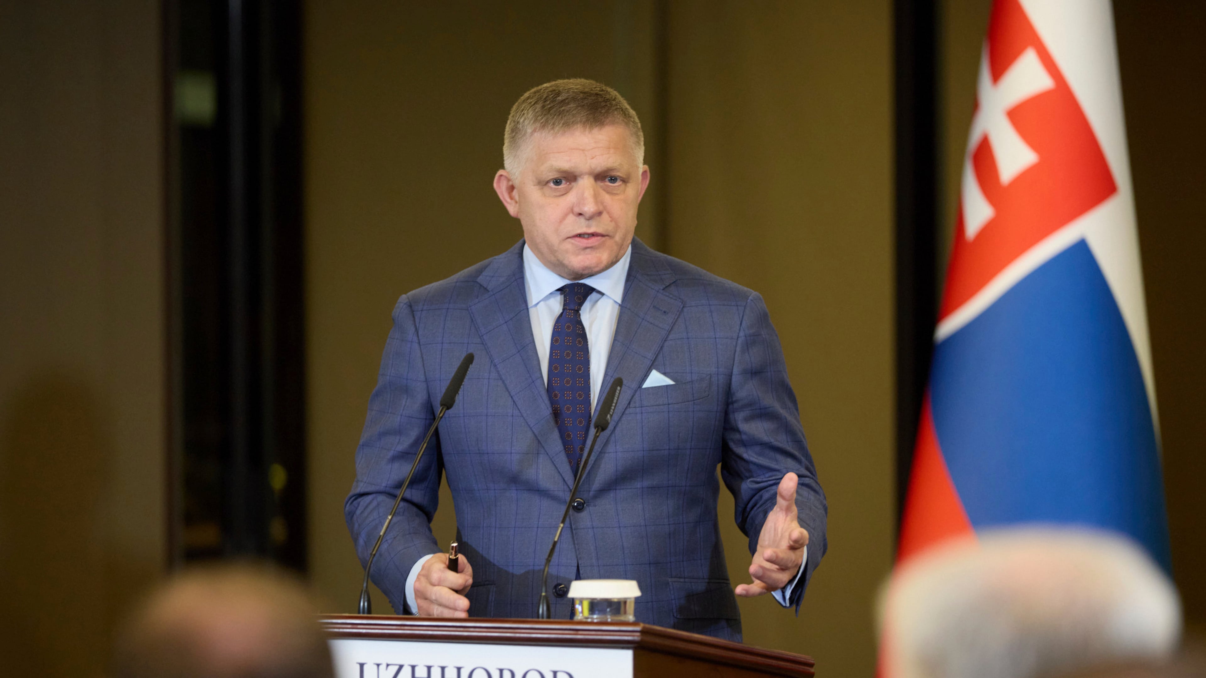 In this photo provided by the Ukrainian Presidential Press Office, Prime Minister of Slovakia Robert Fico speaks during a joint press conference with Ukrainian President Volodymyr Zelenskyy in Uzhhorod, Ukraine, Friday, Sept. 5 2025. (Ukrainian Presidential Press Office via AP)