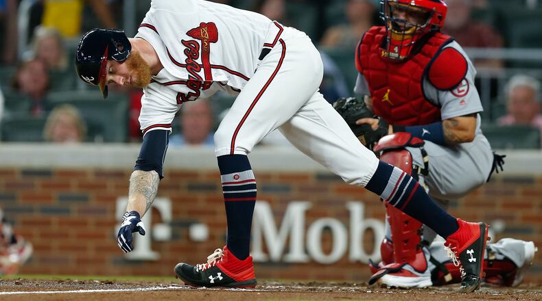 Pitcher Mike Foltynewicz  of the Atlanta Braves swings at a third strike in the second inning during the game against the St. Louis Cardinals at SunTrust Park on September 17, 2018 in Atlanta, Georgia.  (Photo by Mike Zarrilli/Getty Images)