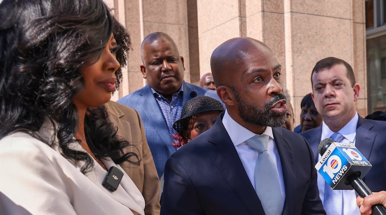 Attorney Alphonso David, seen here with Fearless Fund co-founder Arian Simone at left outside federal court in Miami in January, recently told the AJC that the court ruling against the fund would have a chilling effect on philanthropy and equity efforts. (Carle Juste/Miami Herald)