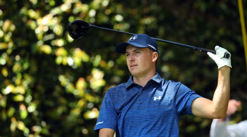 Jordan Spieth reacts to his shot from the second tee at Augusta National Golf Club. Spieth began Round 3 at par, but fired a 4-under 68 on Saturday to be within striking distance of the Masters lead going into the final round. (Curtis Compton/ccompton@ajc.com)