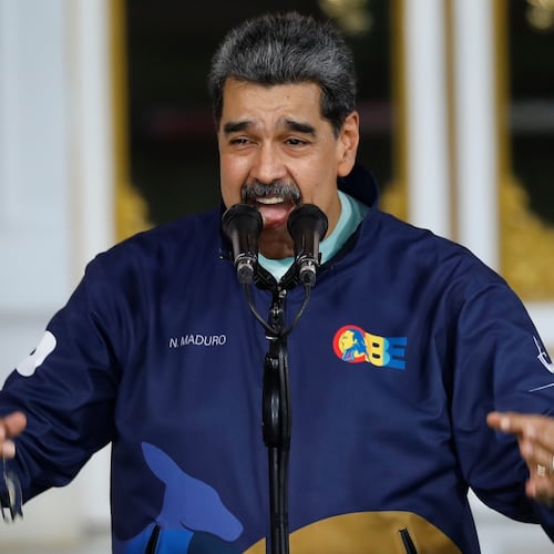 Venezuelan President Nicolas speaks during a Student Day event at the Miraflores presidential palace in Caracas, Venezuela, Friday, Nov. 21, 2025. (AP Photo/Cristian Hernandez)