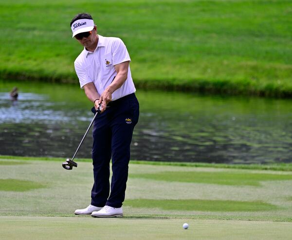 Y.E. Yang putts on the third green during the second round of the 45th U.S. Senior Open Championship at The Broadmoor Friday, June 27, 2025, in Colorado Springs, Colo. (Andy Cross/The Denver Post via AP)