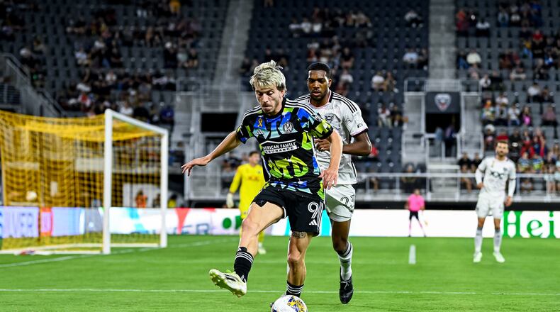 Atlanta United forward Saba Lobjanidze #9 scores a goal during the match against D.C. United at Audi Field in Washington,  on Wednesday September 20, 2023. (Photo by Mitch Martin/Atlanta United)