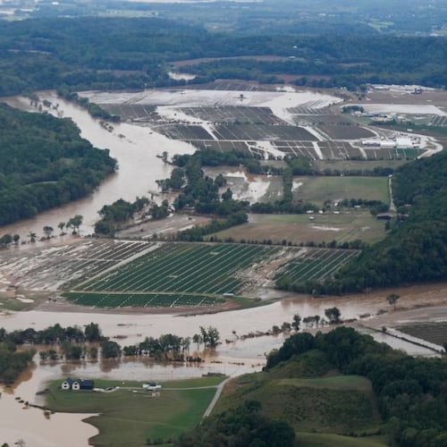 FILE - An aerial view of flood damage left in the aftermath of Hurricane Helene is seen Sept. 28, 2024, in Greene County, Tenn. (AP Photo/George Walker IV, File)