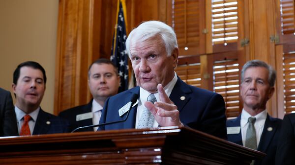 Georgia House Speaker Jon Burns, R-Newington, addresses the news media following the passage of legislation to rewrite litigation rules on Thursday, March 20, 2025. (Miguel Martinez/AJC)