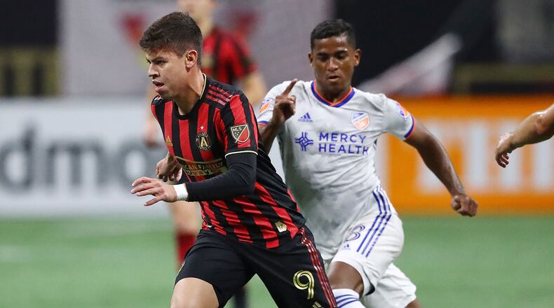Atlanta United midfielder Matheus Rossetto works against FC Cincinnati Saturday, March 8, 2020, in Atlanta.
