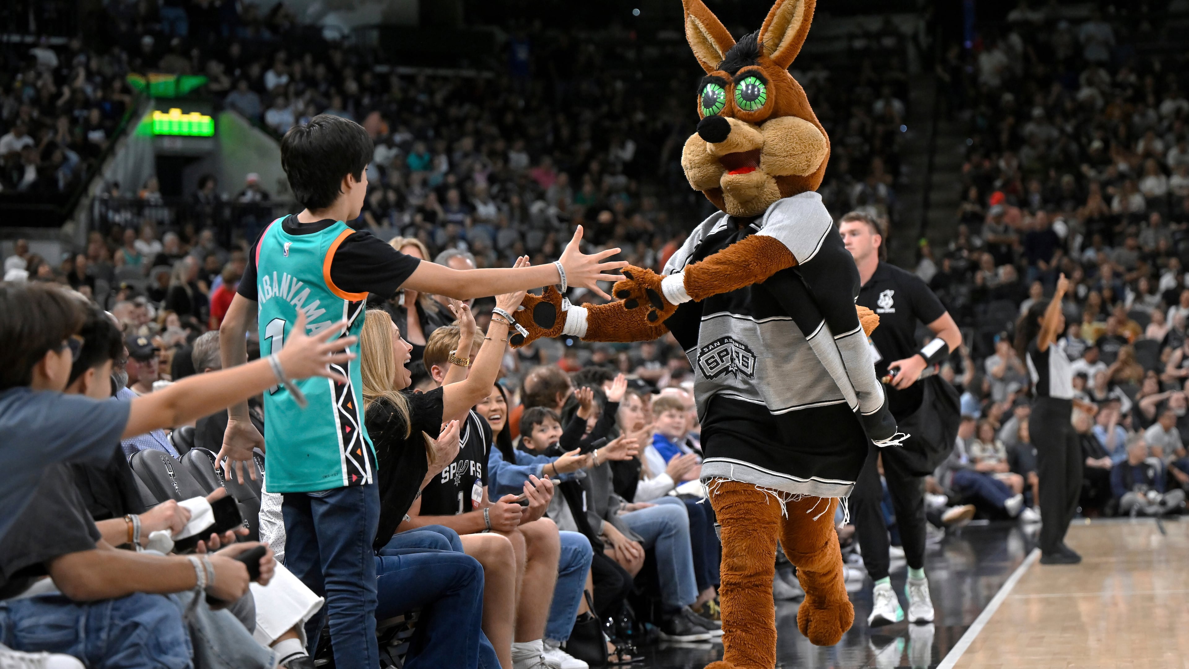 FILE - The Coyote, right, San Antonio Spurs' mascot, greets fans during the second half of an NBA basketball game against the Minnesota Timberwolves, Saturday, Nov. 2, 2024, in San Antonio. San Antonio won 113-103. (AP Photo/Darren Abate, File)