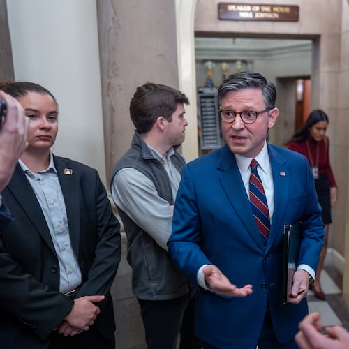 Speaker of the House Mike Johnson, R-La., talks to reporters outside his office on day 28 of the government shutdown, at the Capitol in Washington, Tuesday, Oct. 28, 2025. (AP Photo/J. Scott Applewhite)
