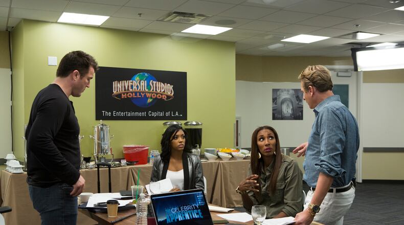 THE NEW CELEBRITY APPRENTICE -- "Scissors And Some Creativity" Episode 1508 -- Pictured: (l-r) Chael Sonnen, Porsha Williams, Lisa Leslie, Carson Kressley -- (Photo by: Luis Trinh/NBC)