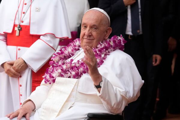 FILE - Pope Francis attends an interreligious meeting with young people at the Catholic Junior College in Singapore, Friday, Sept. 13, 2024. (AP Photo/Gregorio Borgia, file)