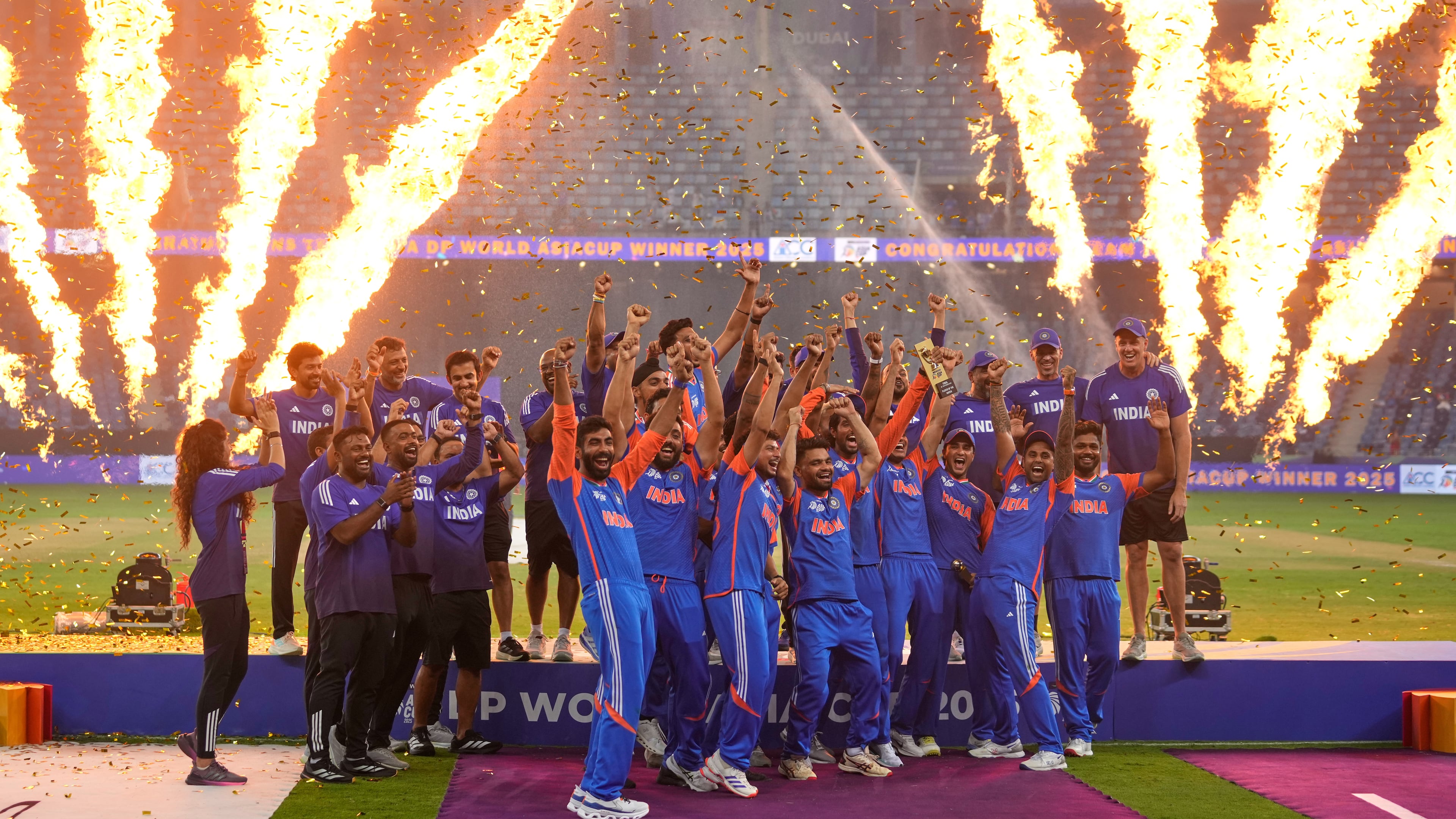 Team India celebrates after winning the Asia Cup cricket final against Pakistan at Dubai International Cricket Stadium, United Arab Emirates, Sunday, Sept. 28, 2025. (AP Photo/Altaf Qadri)