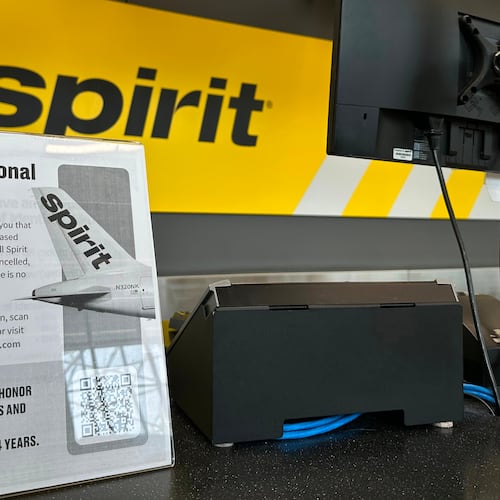 A sign announces Spirit Airlines’ shutdown on Saturday, May 2, 2026 at Hartsfield-Jackson Atlanta International Airport in Atlanta. (AP Photo/Jeff Amy)