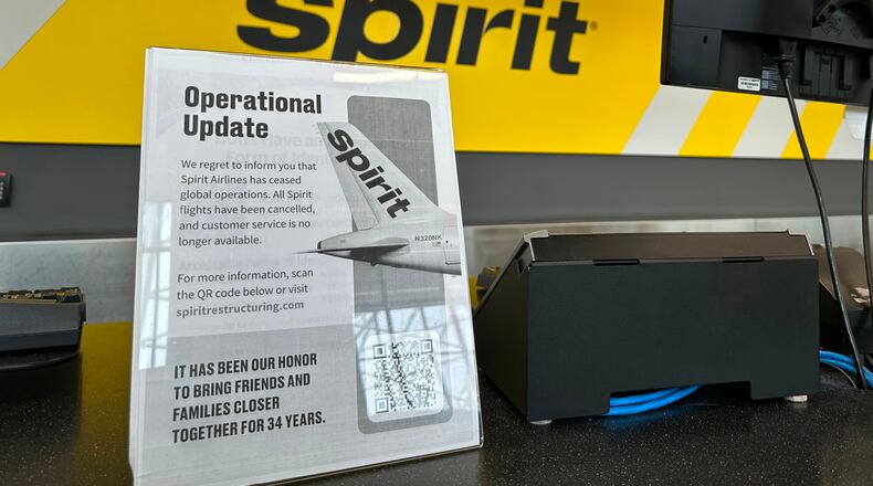 A sign announces Spirit Airlines’ shutdown on Saturday, May 2, 2026 at Hartsfield-Jackson Atlanta International Airport in Atlanta. (AP Photo/Jeff Amy)