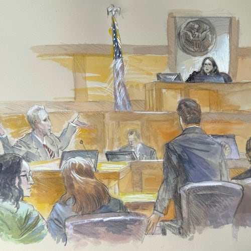 FILE - This courtroom sketch shows Ryan Routh, left, throwing his arms up directed at U.S. District Judge Aileen Cannon in frustration as jury selection begins in the trial of Routh, who is charged with attempting to assassinate Donald Trump last year at a golf course in South Florida, Monday, Sept. 8, 2025, in Fort Pierce, Fla. (Lothar Speer via AP, File)