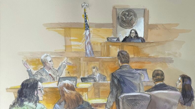 FILE - This courtroom sketch shows Ryan Routh, left, throwing his arms up directed at U.S. District Judge Aileen Cannon in frustration as jury selection begins in the trial of Routh, who is charged with attempting to assassinate Donald Trump last year at a golf course in South Florida, Monday, Sept. 8, 2025, in Fort Pierce, Fla. (Lothar Speer via AP, File)