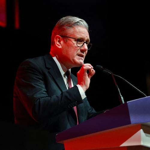 Britain's Prime Minister Keir Starmer delivers a speech in north-west England, Britain, Monday, April 27, 2026. (Temilade Adelaja/Pool Photo via AP)