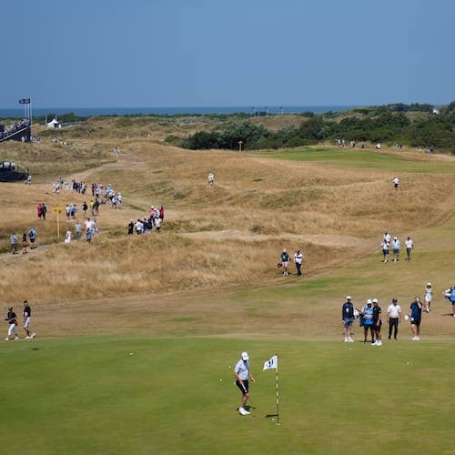 Bernd Wiesberger of Austria walks up to the pin flag on the 9th green during a practice round for the British Open Golf championships at Royal Birkdale golf club, in Southport, England, Wednesday, July 15, 2026. (AP Photo/David Goldman)