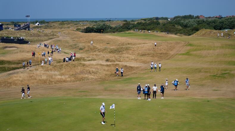 Bernd Wiesberger of Austria walks up to the pin flag on the 9th green during a practice round for the British Open Golf championships at Royal Birkdale golf club, in Southport, England, Wednesday, July 15, 2026. (AP Photo/David Goldman)