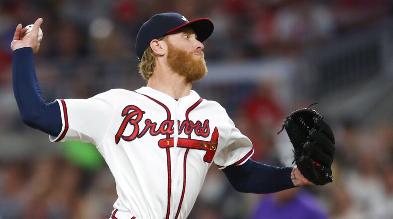 Braves pitcher Mike Foltynewicz delivers in the seventh inning Saturday, April 27, 2019, against the Colorado Rockies at SunTrust Park in Atlanta.