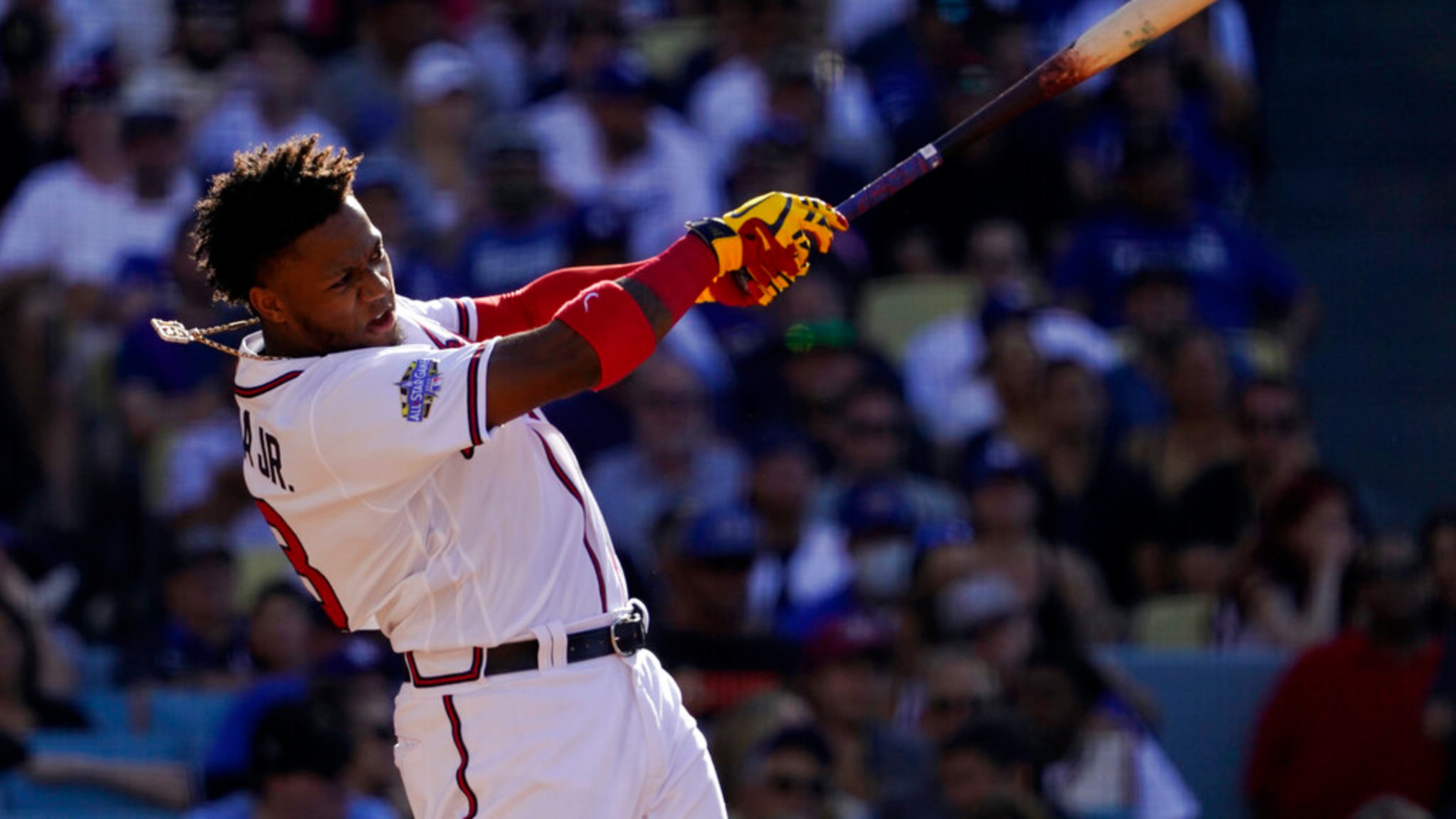National League's Ronald Acuna Jr. of the Atlanta Braves bats during the MLB All-Star baseball Home Run Derby, Monday, July 18, 2022, in Los Angeles. (Mark J. Terrill/AP)