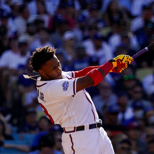 National League's Ronald Acuna Jr. of the Atlanta Braves bats during the MLB All-Star baseball Home Run Derby, Monday, July 18, 2022, in Los Angeles. (Mark J. Terrill/AP)