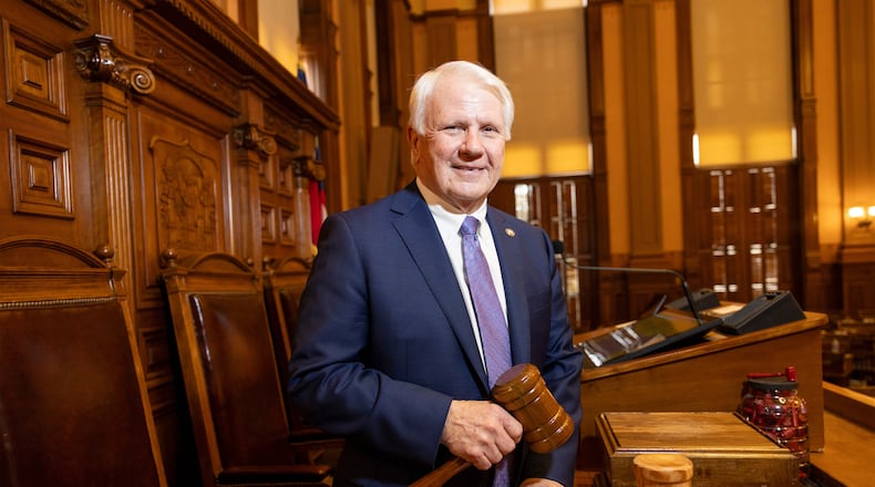 House Speaker Jon Burns, R-Newington, at the House of Representatives in the Capitol, Thursday, Feb. 22, 2024, in Atlanta. House Speaker Burns has broken several gavels when trying to get representatives to pay attention during the 2024 Legislative Session. (Jason Getz/The Atlanta Journal-Constitution/TNS)