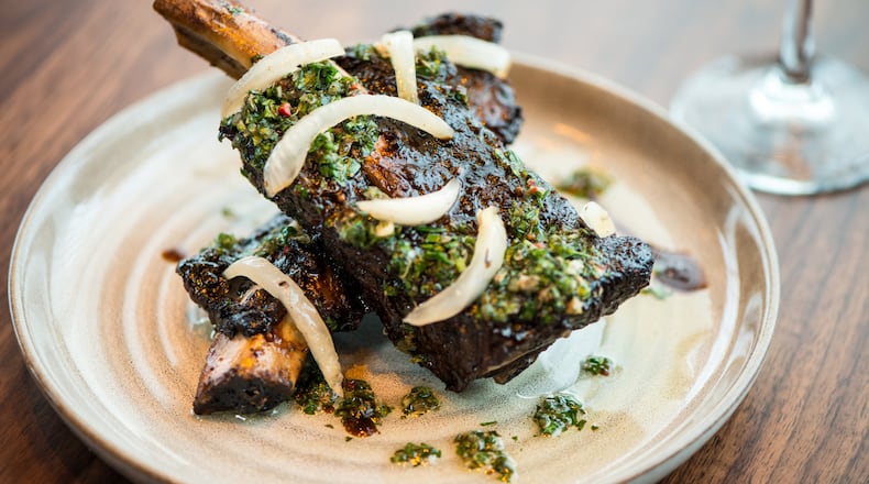 Arnette's Chop Shop Wagyu Beef Ribs hot appetizer, with Worcestershire sauce and chimichurri.