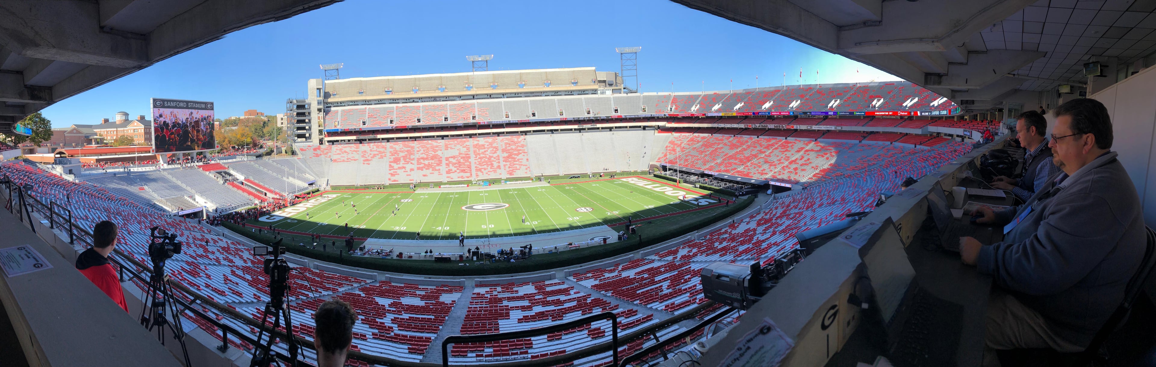 Sanford Stadium sits sun-dappled, painted-up and pristinely prepared for today’s game against UMass between the hedges. (Chip Towers/DawgNation)