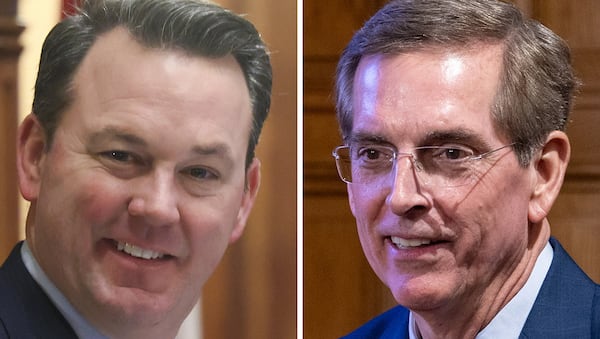 Lt. Gov. Burt Jones (left) and Secretary of State Brad Raffensperger are among the Republican candidates for governor. (AJC FILE)