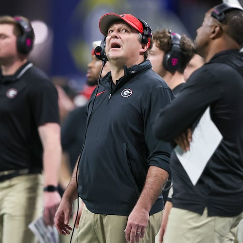 Georgia Bulldogs head coach Kirby Smart watches from the sideline during the second half of the SEC Championship game at the Mercedes-Benz Stadium in December 2023. (Jason Getz/AJC 2023)
