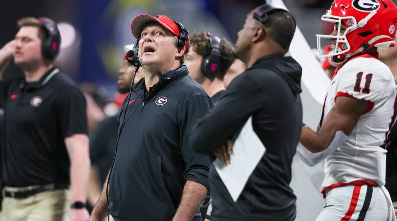 Georgia Bulldogs head coach Kirby Smart watches from the sideline during the second half of the SEC Championship game at the Mercedes-Benz Stadium in December 2023. (Jason Getz/AJC 2023)