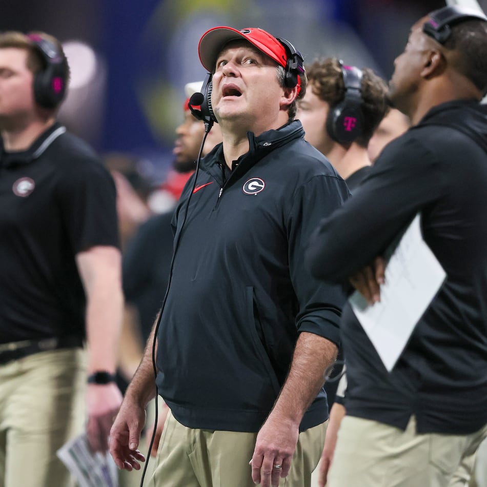 Georgia Bulldogs head coach Kirby Smart watches from the sideline during the second half of the SEC Championship game at the Mercedes-Benz Stadium in December 2023. (Jason Getz/AJC 2023)