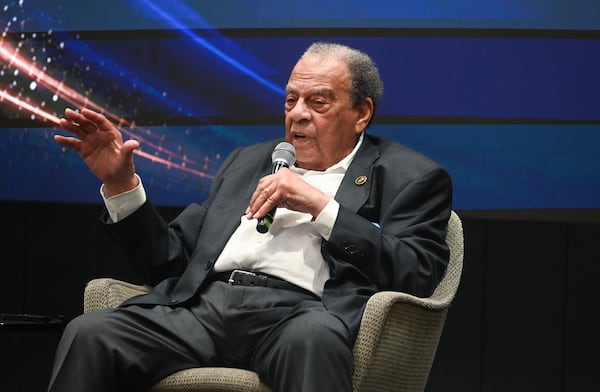 Former U.N. ambassador Andrew Young speaks during a fireside chat at the inaugural Joan Trumpauer Mulholland Foundation HBCU Micro-scholarship Unity Gathering in Atlanta earlier this month. (Natrice Miller for the AJC)