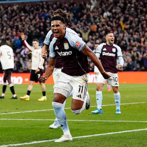 Aston Villa's Ollie Watkins celebrates scoring their side's third goal during the English Premier League soccer match between Aston Villa and Liverpool in Birmingham, England, Friday, May 15, 2026. (Jacob King/PA via AP)