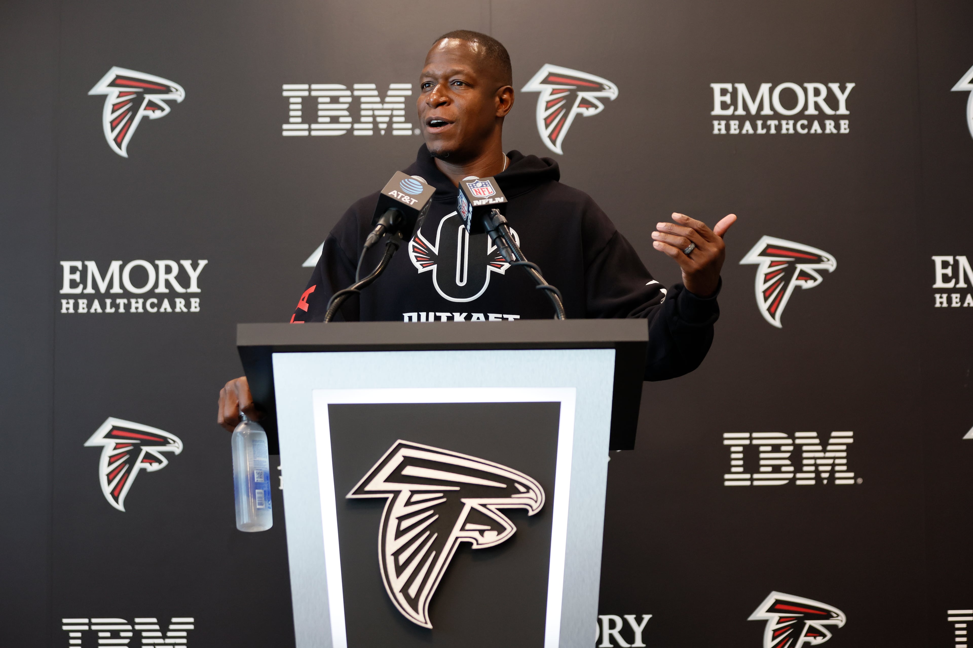 Atlanta Falcons Coach Raheem Morris speaks to the media at the team’s NFL football training camp, Thursday, July 24, 2025, in Flowery Branch, Ga. (Miguel Martinez/AJC)