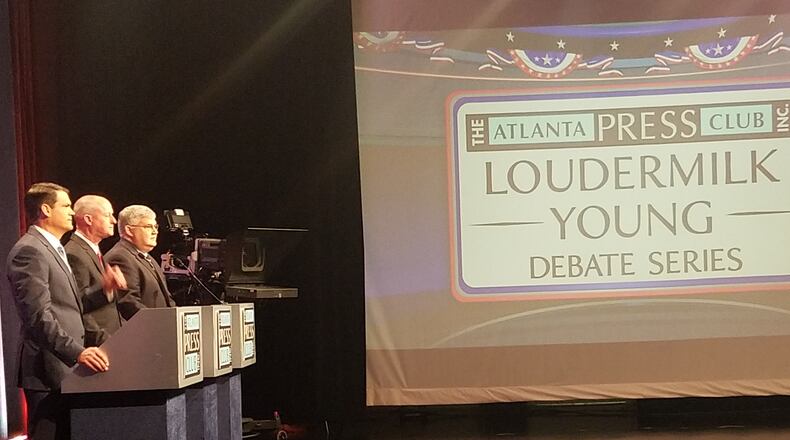 Republican lieutenant governor candidates Geoff Duncan, Rick Jeffares and David Shafer participate in an Atlanta Press club debate. Maya T. Prabhu/maya.prabhu@ajc.com