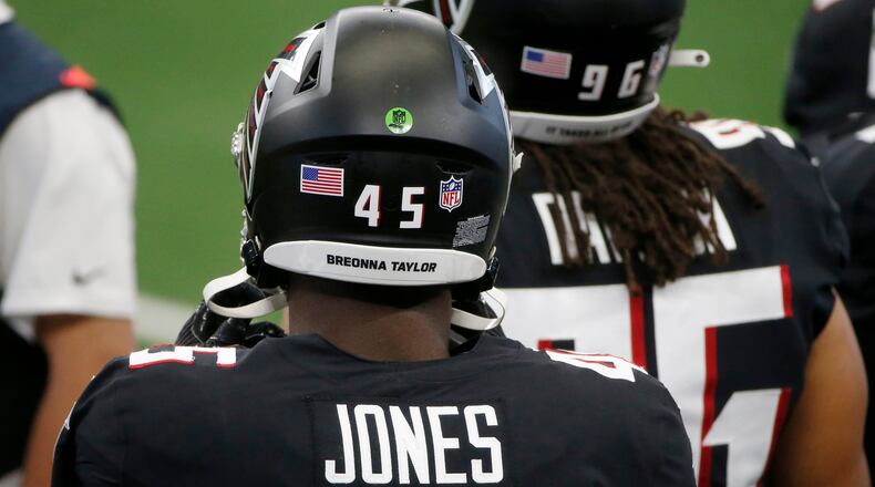 Falcons linebacker Deion Jones recognized Breonna Taylor, a 26-year-old emergency worker who was shot in March 2020 by Louisville officers during a botched drug raid, on his helmet during the 2020 season.