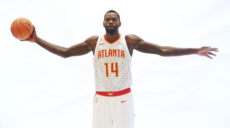Dewayne Dedmon poses for a photo during Hawks Media Day on Monday, September 25, 2017, in Atlanta.   Curtis Compton/ccompton@ajc.com