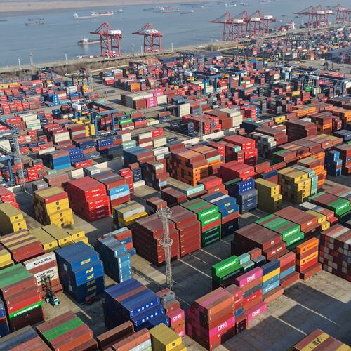 Aerial view of a container terminal in Nanjing in eastern China's Jiangsu province, Wednesday, Jan. 14, 2026. (Chinatopix Via AP)